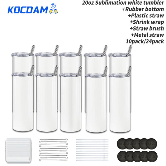 KOCDAM 50 Pack 20oz White Sublimation Straight Skinny Tumbler Blanks with Plastic Straws